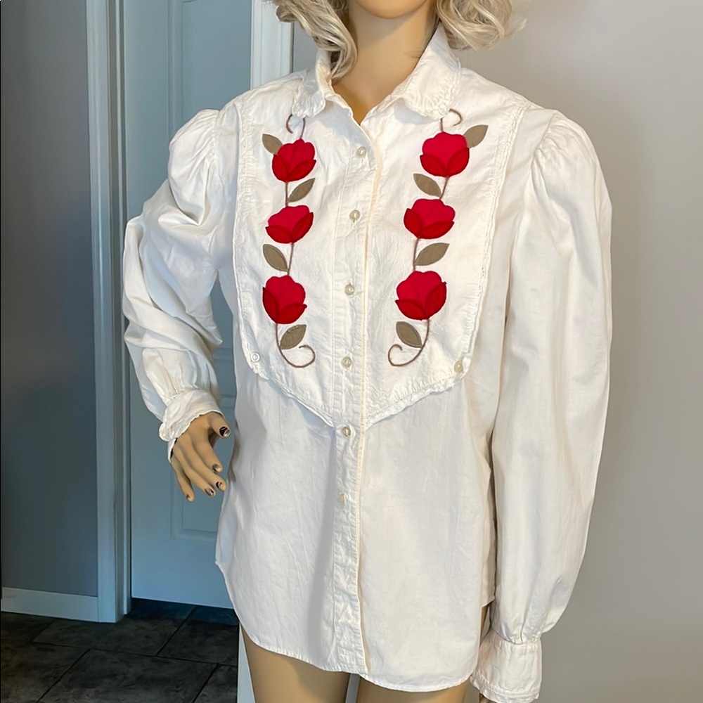 Vintage Salaminder White Blouse with Red Floral Embroidery Lace Trim RARE